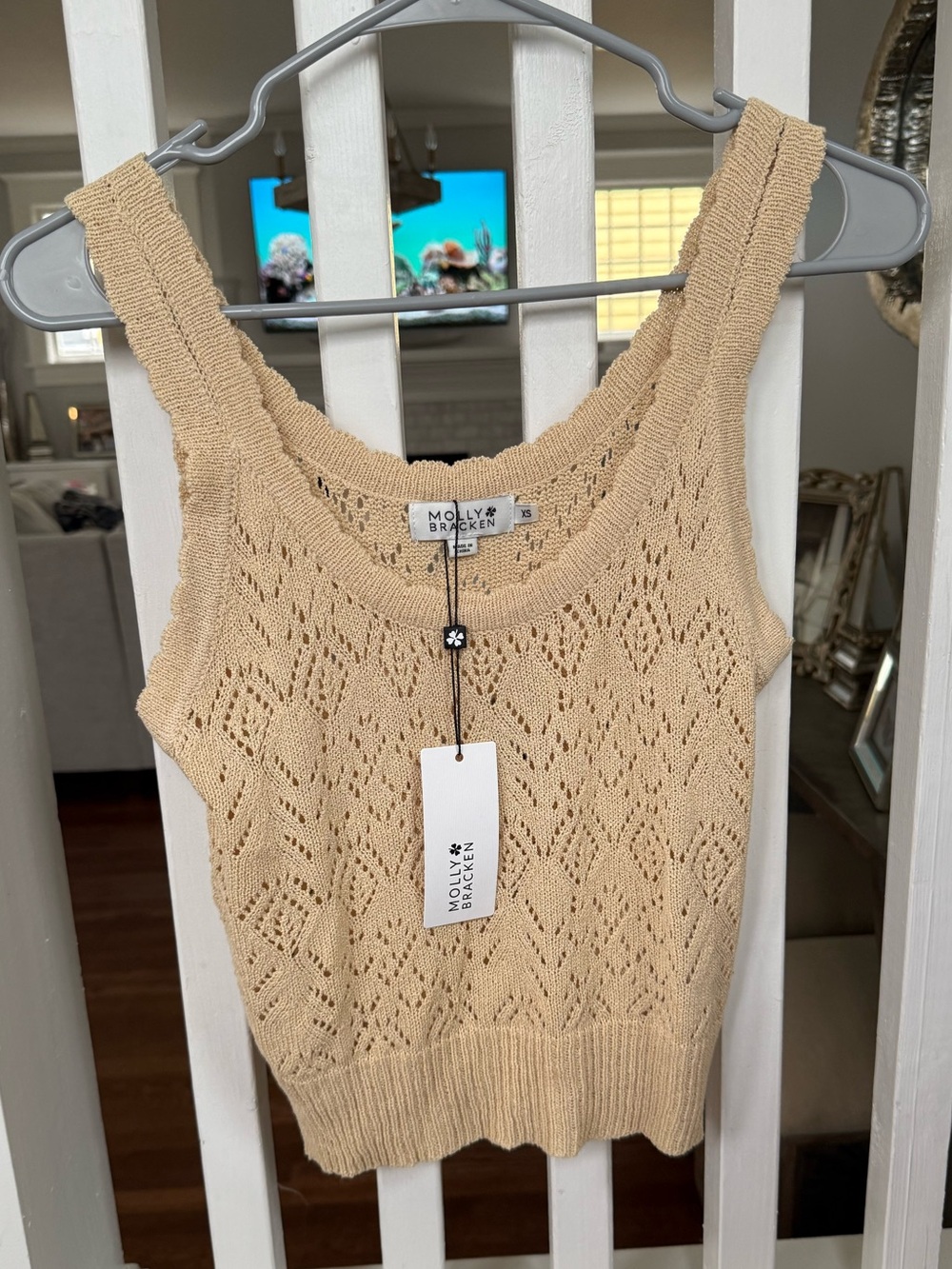 Molly Bracken Beige Openwork Knit Tank Top